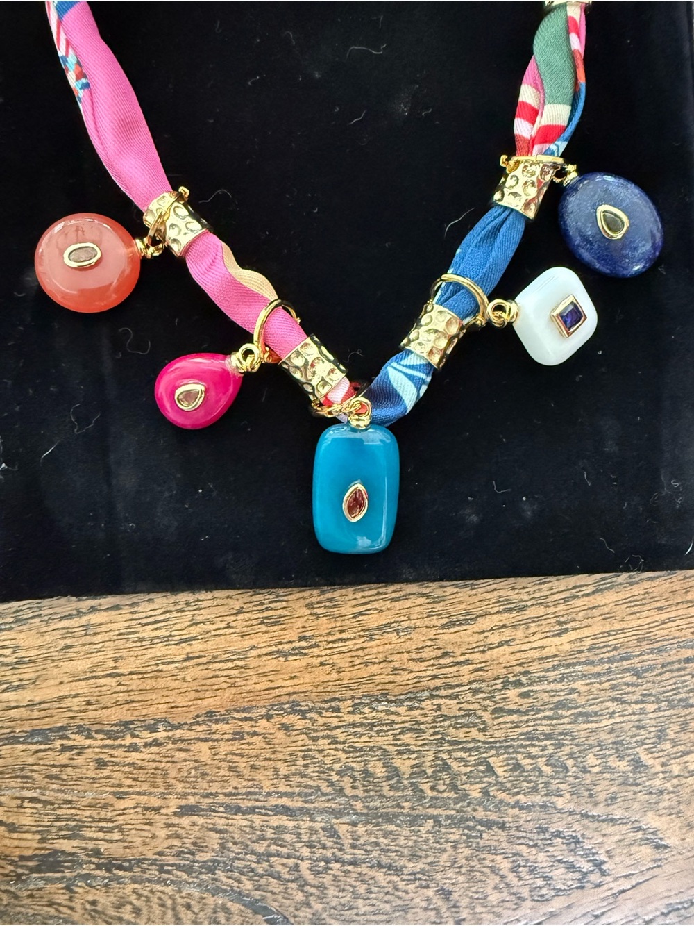 NWT Gemelli Pink Multicolor Silk Charm Necklace with Stone Drops - Picture 2 of 3